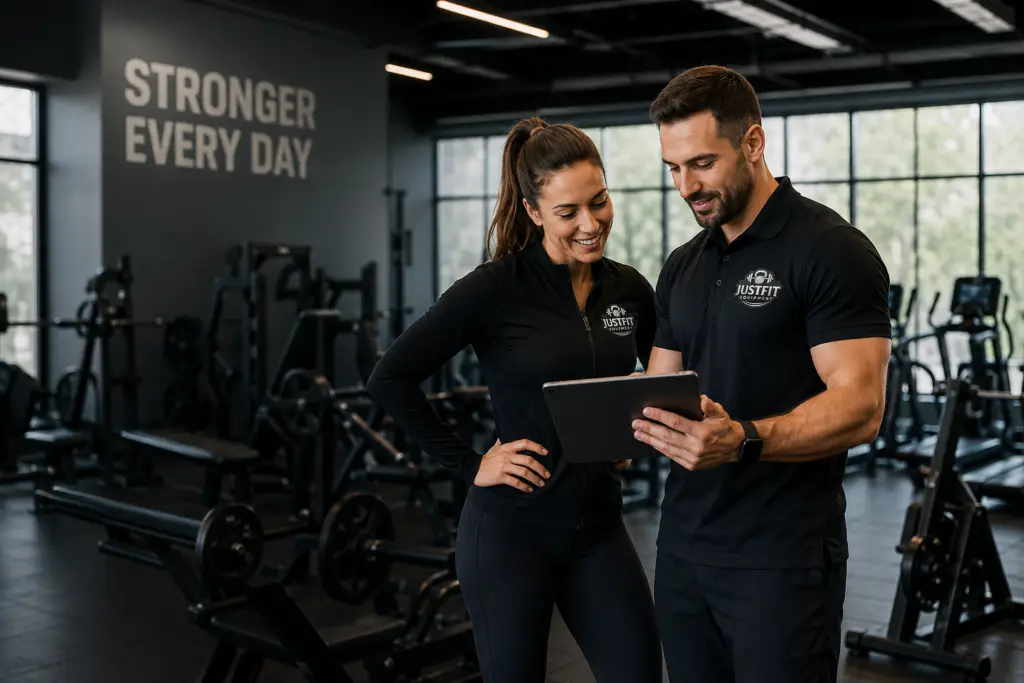 JustFit Equipment team discussing commercial gym equipment finance and leasing solutions in a modern gym