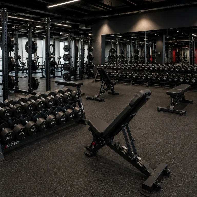 Commercial free weights including dumbbells, barbells, weight plates and benches