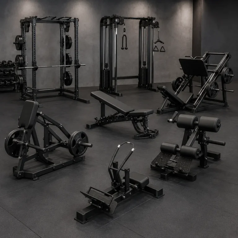 Commercial strength equipment including plate loaded machines, cable machines and gym racks